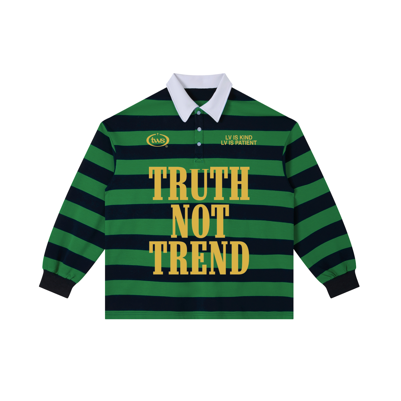 Christian Rugby Shirt, Truth Not Trend, 1 Corinthians 13, Faith Streetwear Bold Gold