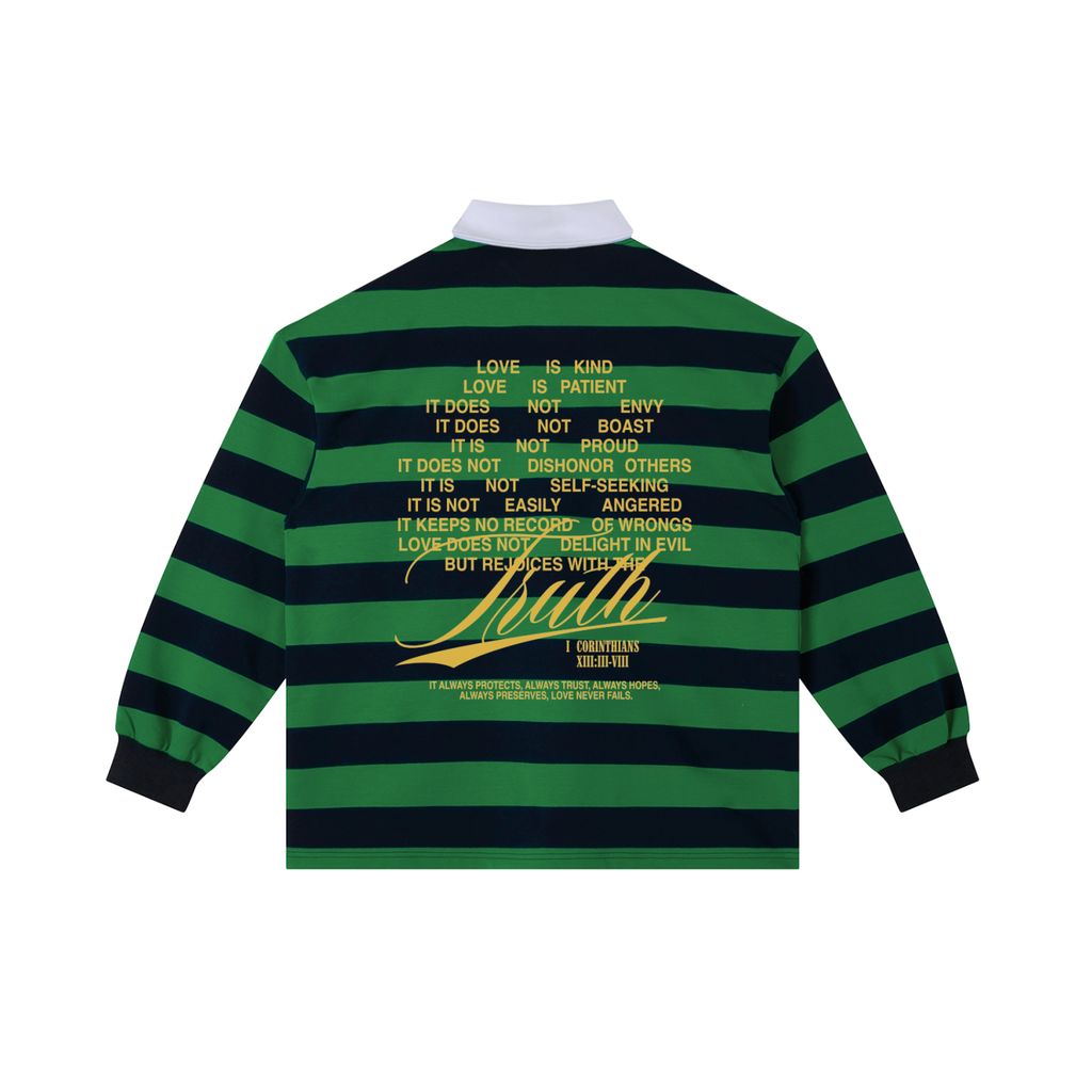 Christian Rugby Shirt, Truth Not Trend, 1 Corinthians 13, Faith Streetwear Bold Gold