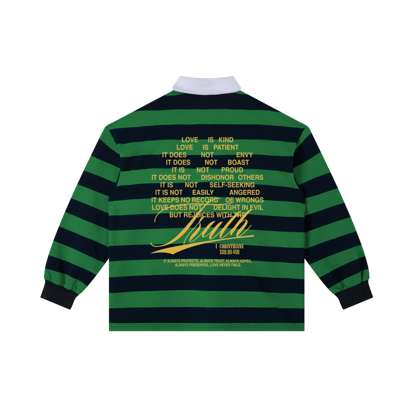 Christian Rugby Shirt, Truth Not Trend, 1 Corinthians 13, Faith Streetwear Bold Gold