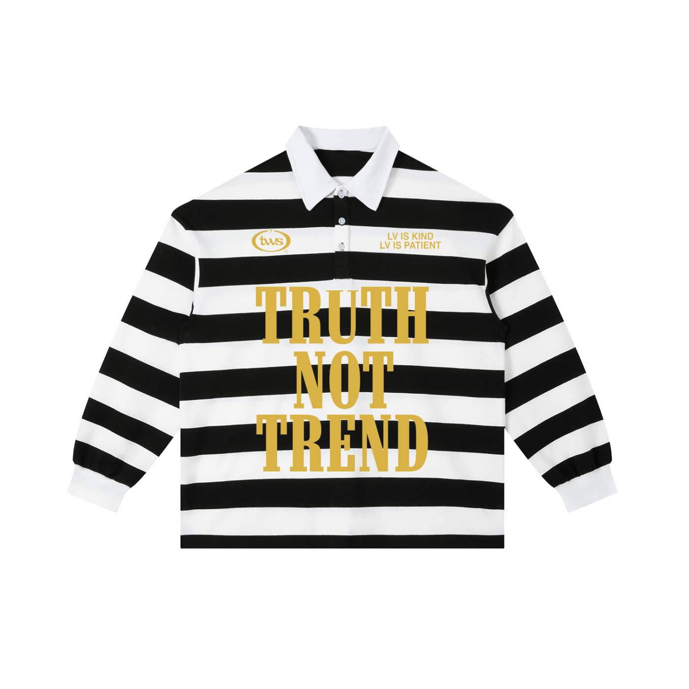 Christian Rugby Shirt, Truth Not Trend, 1 Corinthians 13, Faith Streetwear Bold Gold